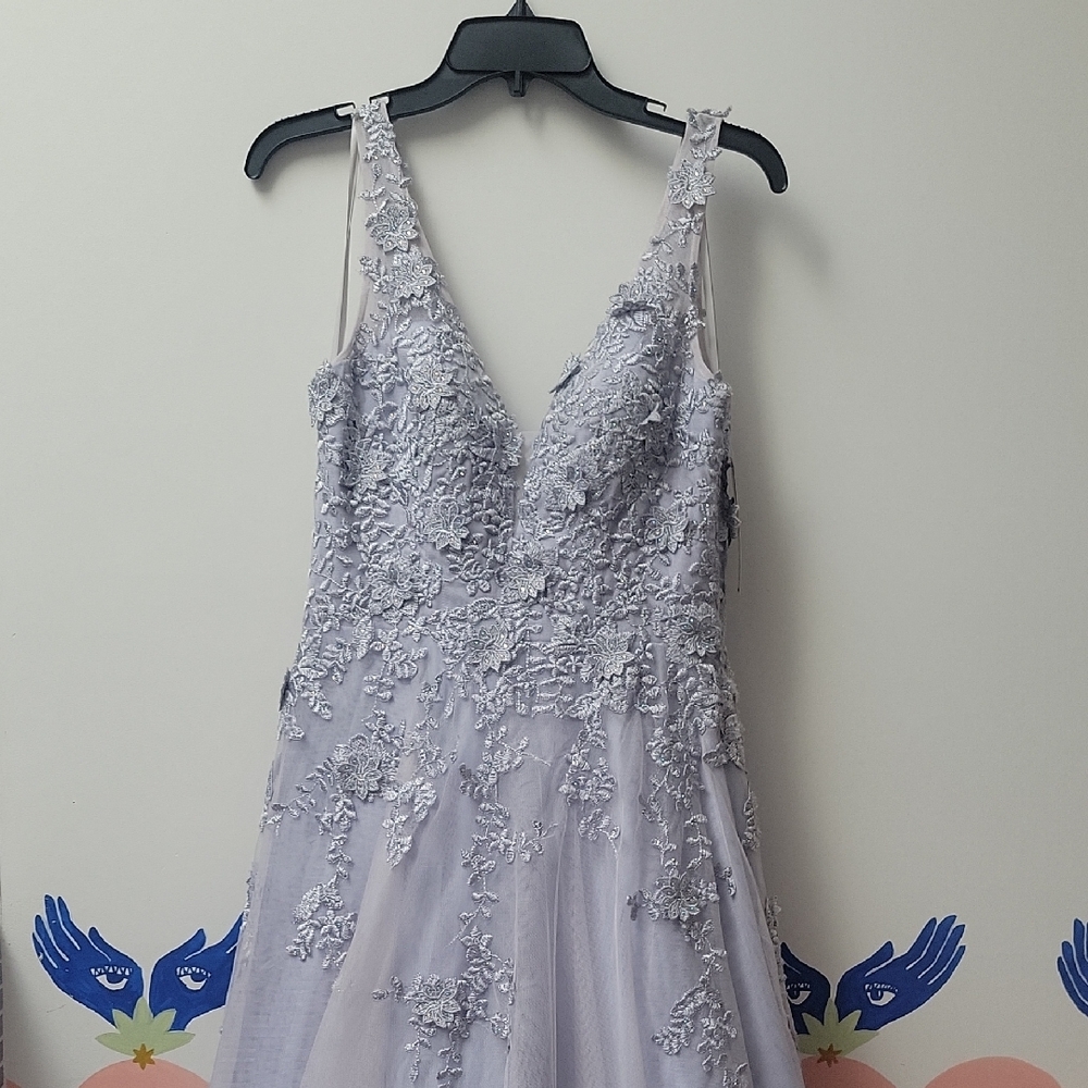 Elegant Lace Evening Dress in Silver